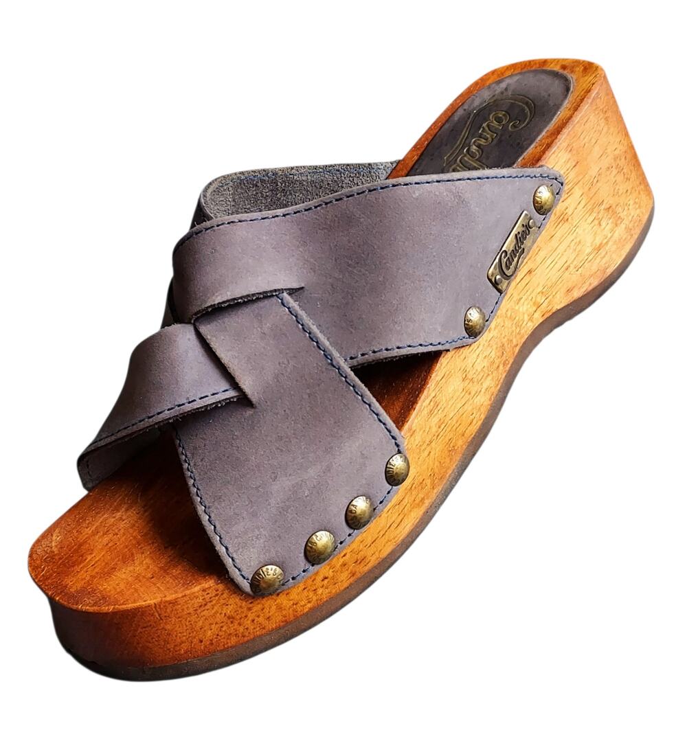 Candies VTG 90s Womens Wooden Platform Sandals Gray Strap Boho Hippie Size 7.5